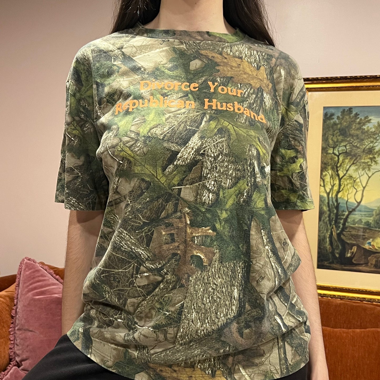 DIVORCE YOUR REPUBLICAN HUSBAND camo t-shirt with orange text (M)