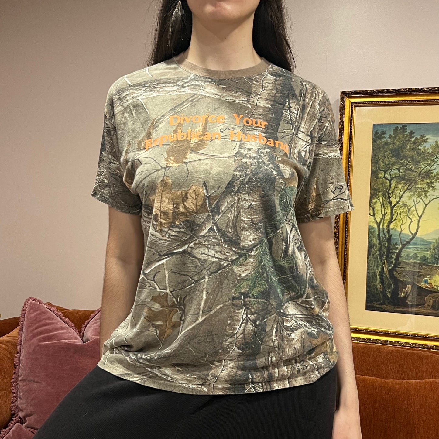 DIVORCE YOUR REPUBLICAN HUSBAND camo t-shirt with orange text (L)