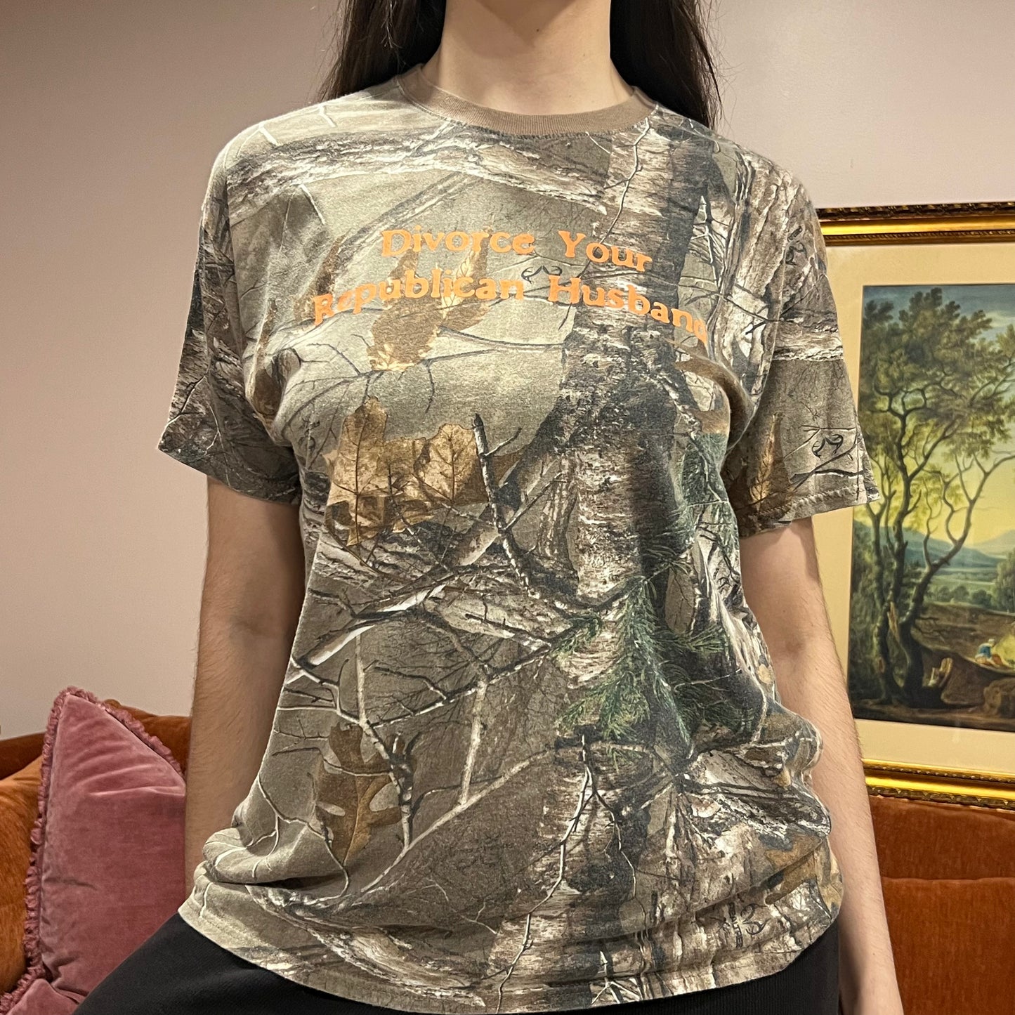 DIVORCE YOUR REPUBLICAN HUSBAND camo t-shirt with orange text (L)