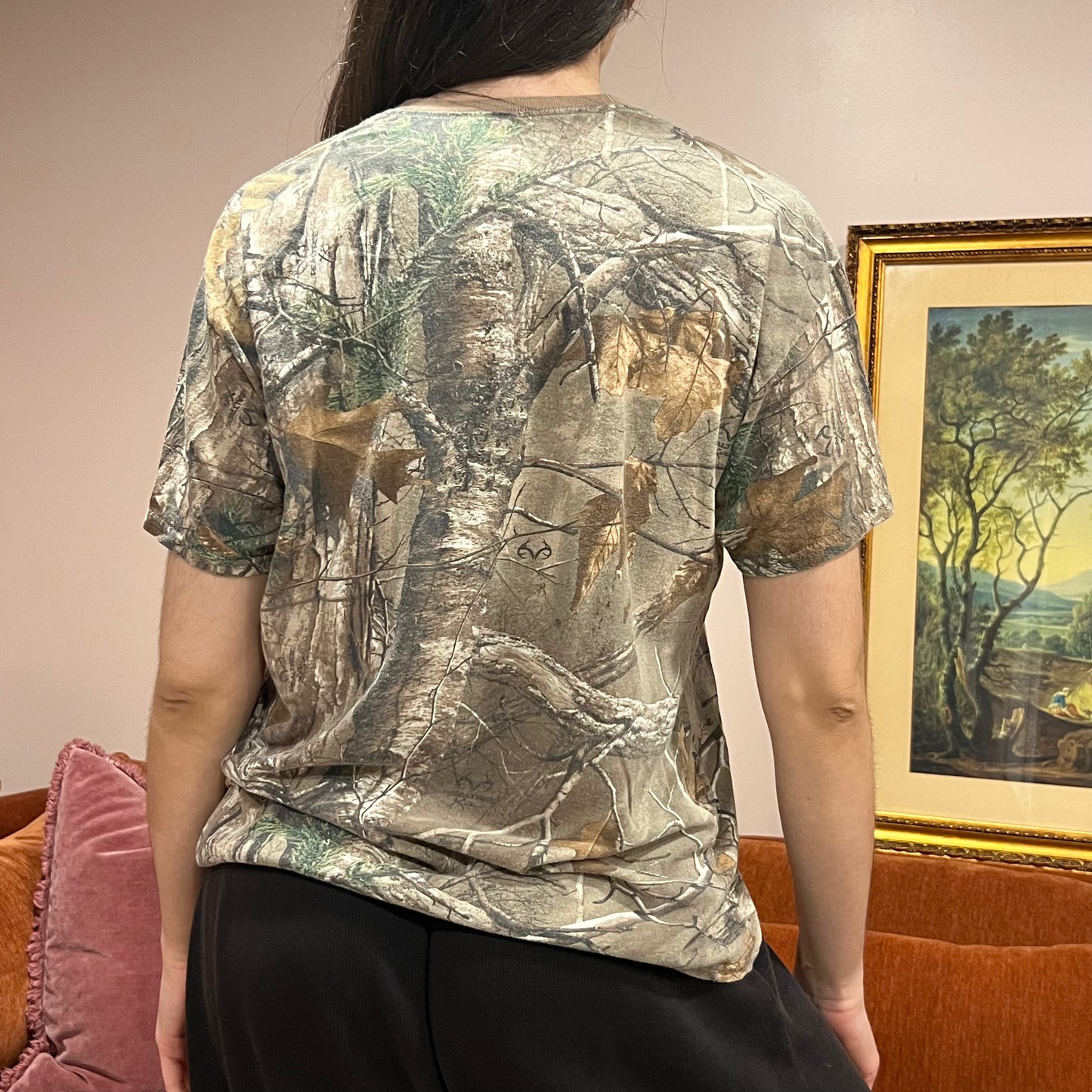 DIVORCE YOUR REPUBLICAN HUSBAND camo t-shirt with orange text (L)