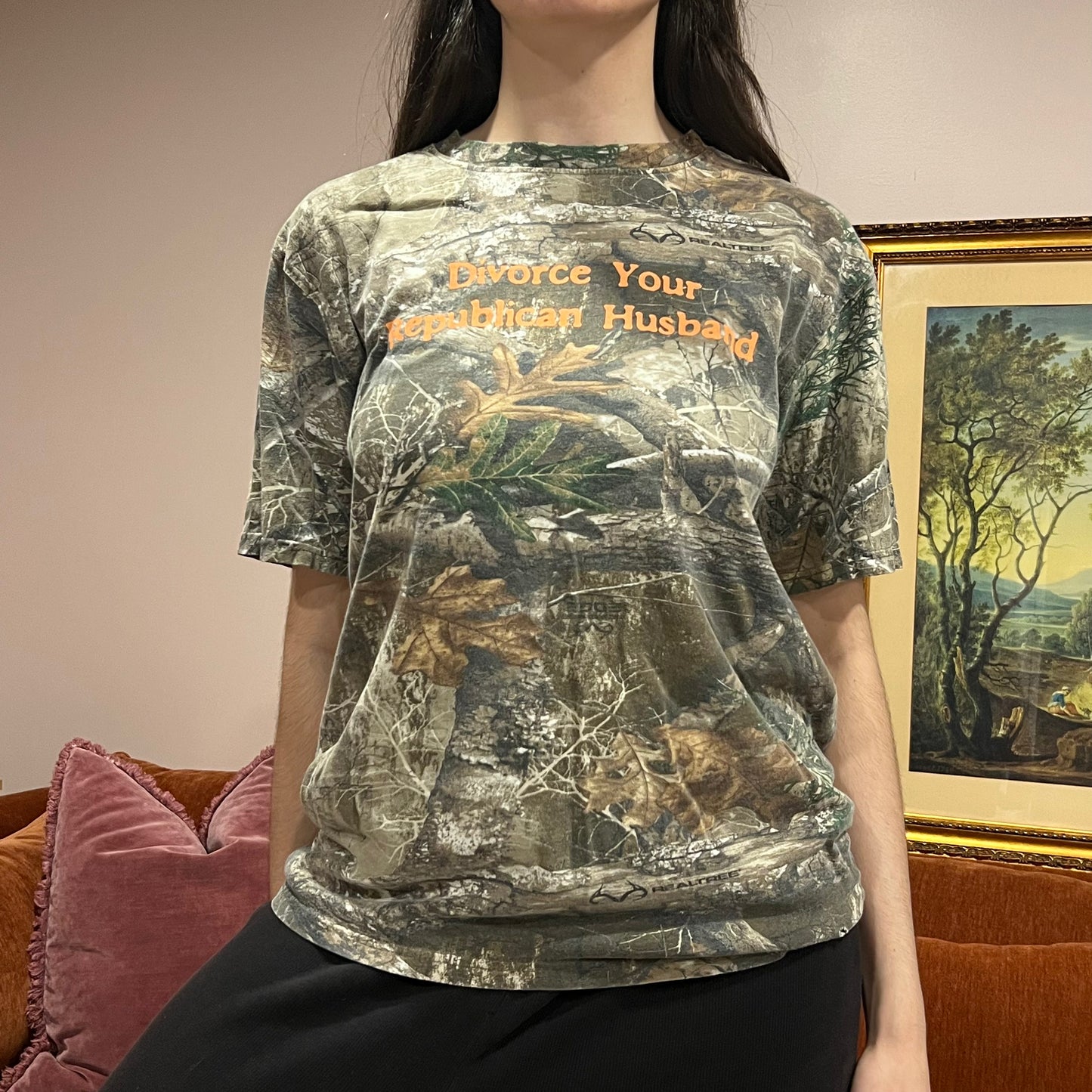 DIVORCE YOUR REPUBLICAN HUSBAND camo t-shirt with orange text (M)