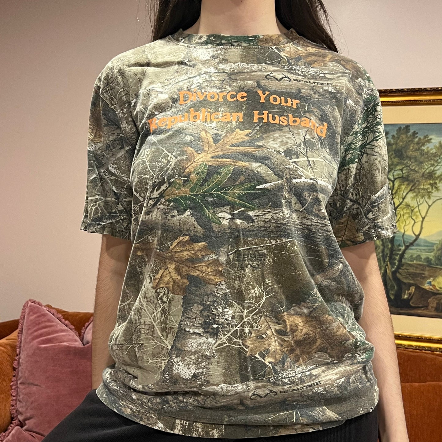 DIVORCE YOUR REPUBLICAN HUSBAND camo t-shirt with orange text (M)