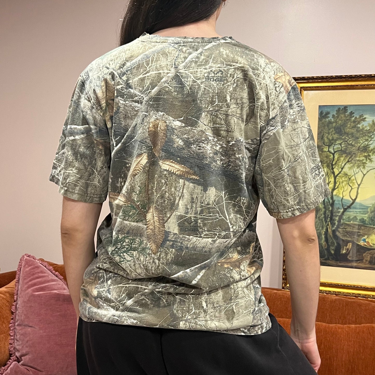 DIVORCE YOUR REPUBLICAN HUSBAND camo t-shirt with orange text (M)