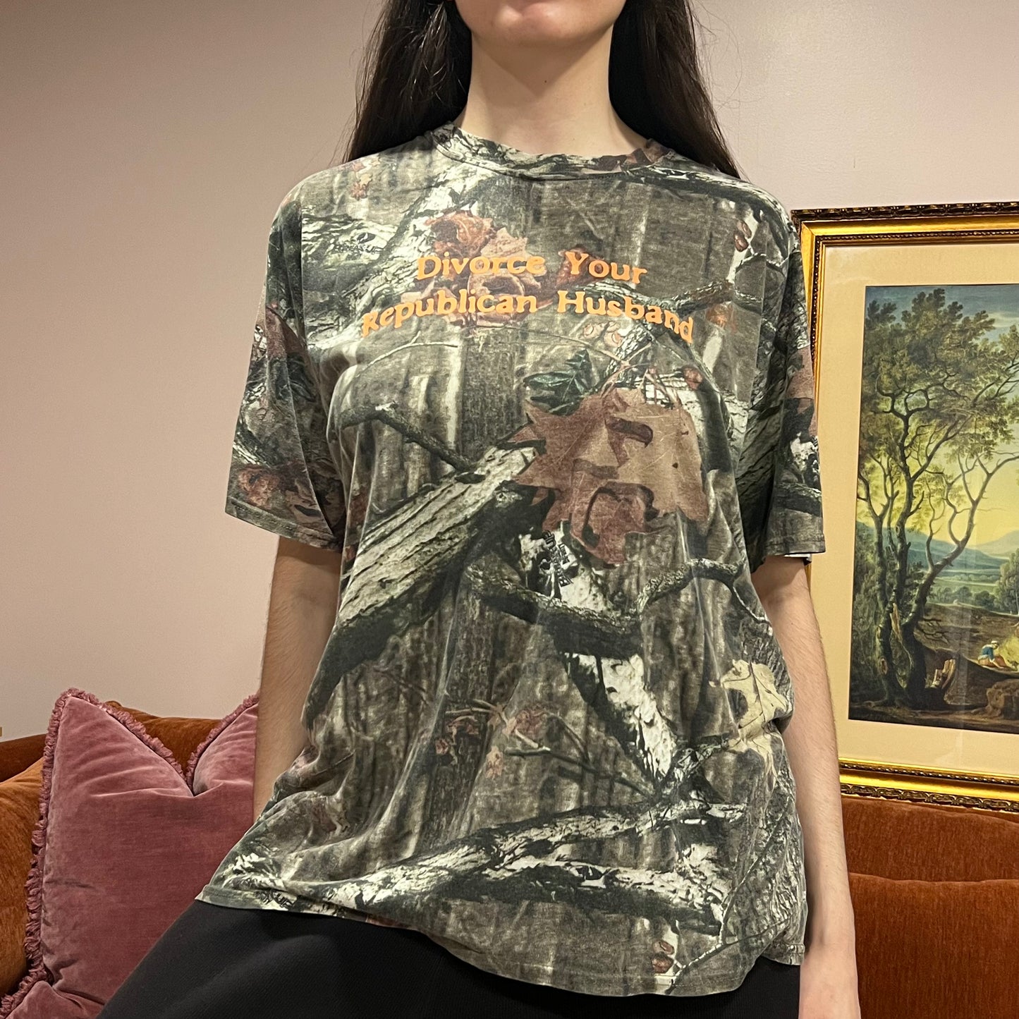 DIVORCE YOUR REPUBLICAN HUSBAND camo t-shirt with orange text (XL)