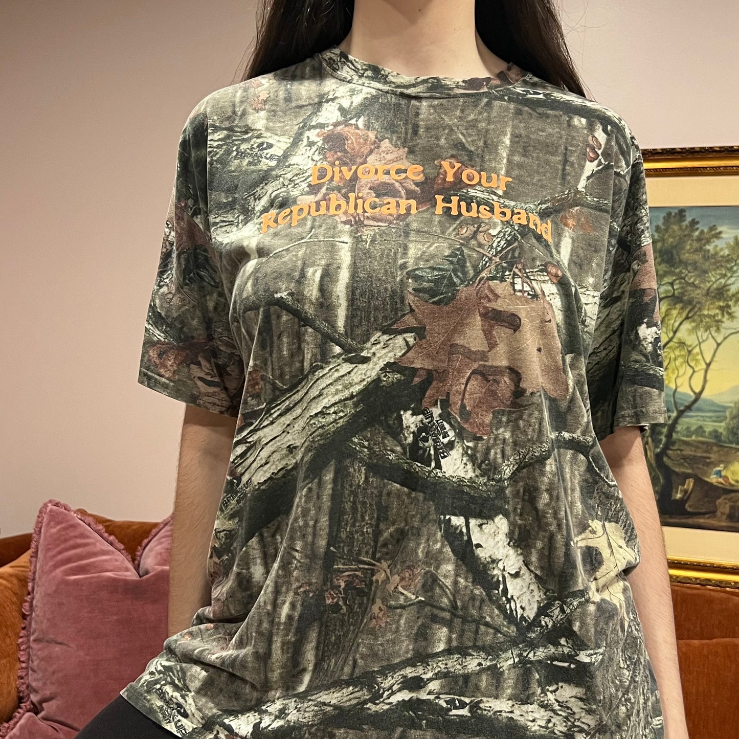 DIVORCE YOUR REPUBLICAN HUSBAND camo t-shirt with orange text (XL)