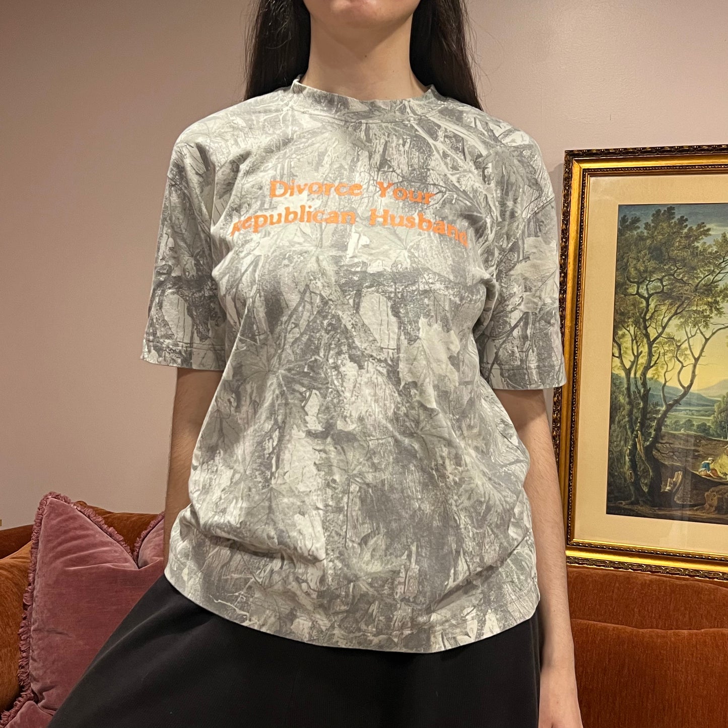 DIVORCE YOUR REPUBLICAN HUSBAND white camo t-shirt with orange text (S)