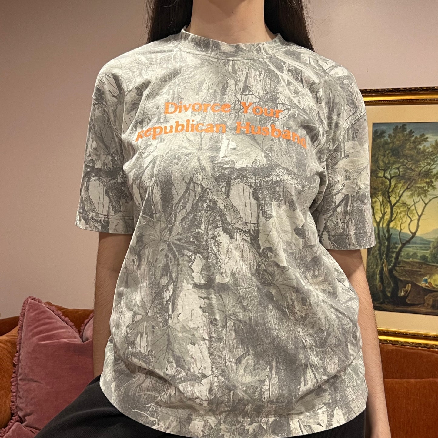 DIVORCE YOUR REPUBLICAN HUSBAND white camo t-shirt with orange text (S)