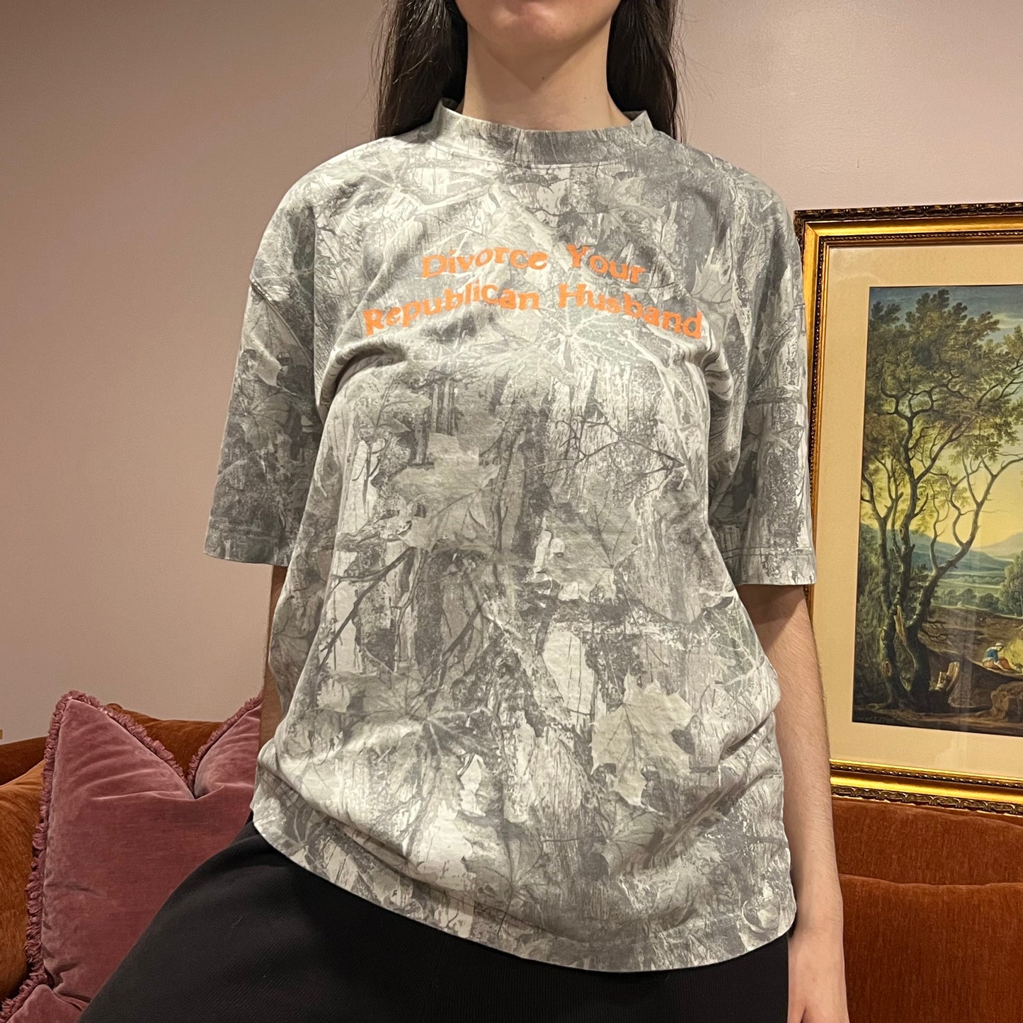 DIVORCE YOUR REPUBLICAN HUSBAND white camo t-shirt with orange text (L)