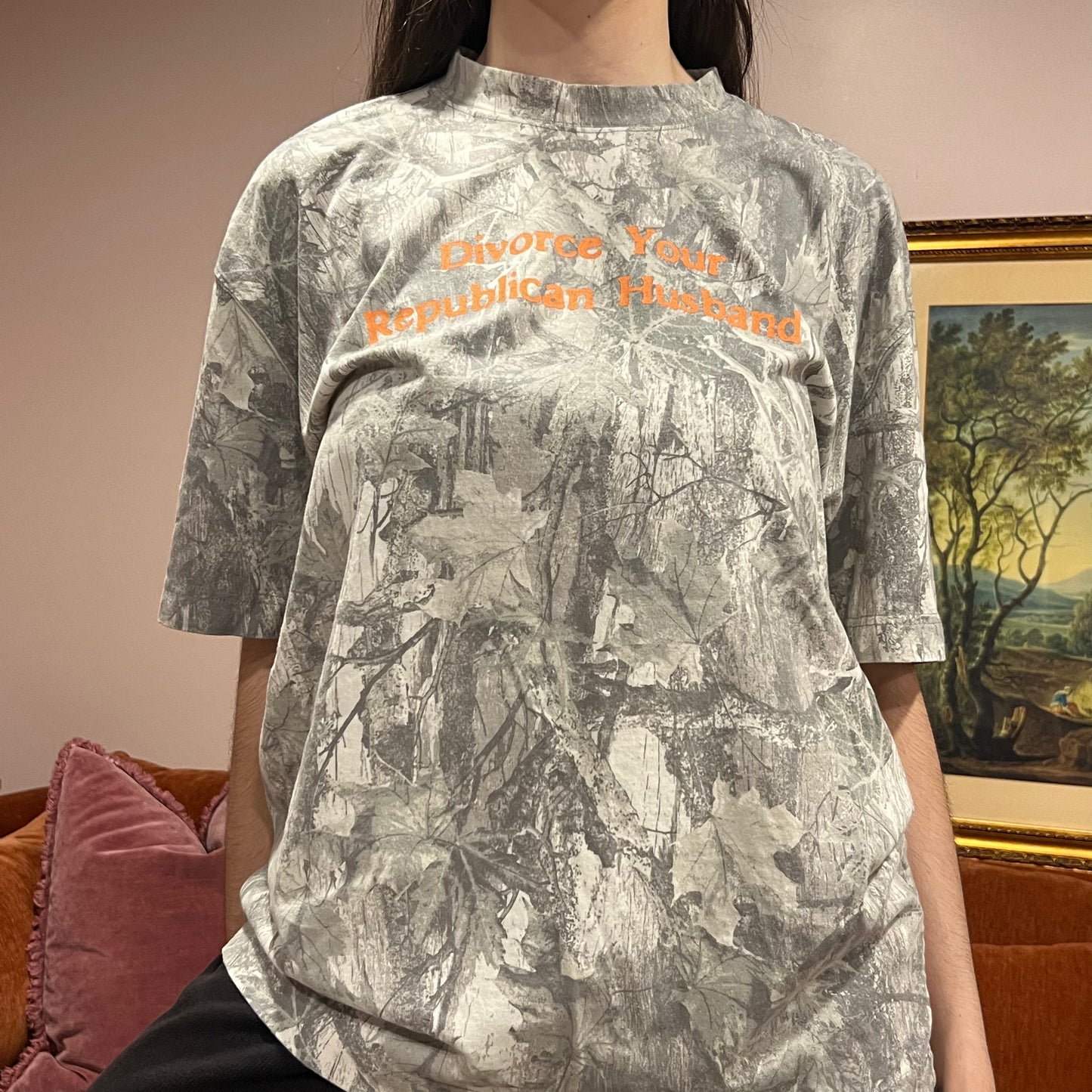 DIVORCE YOUR REPUBLICAN HUSBAND white camo t-shirt with orange text (L)