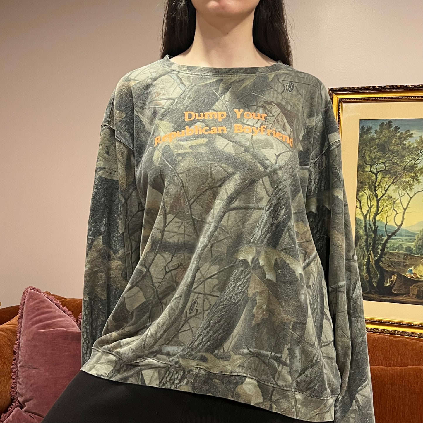 DUMP YOUR REPUBLICAN BOYFRIEND camo crewneck with orange text (2XL)