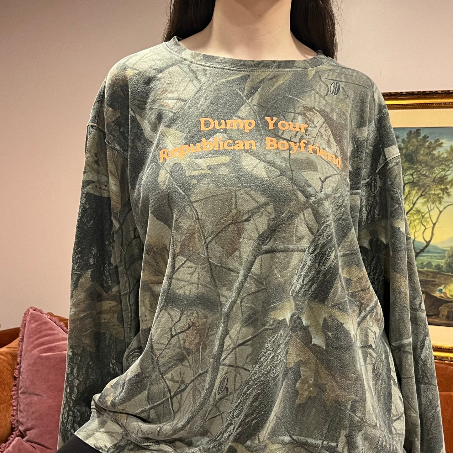 DUMP YOUR REPUBLICAN BOYFRIEND camo crewneck with orange text (2XL)