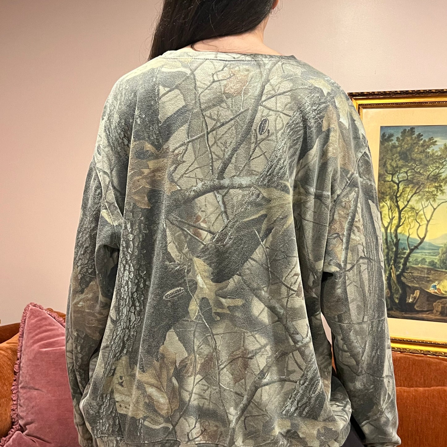 DUMP YOUR REPUBLICAN BOYFRIEND camo crewneck with orange text (2XL)