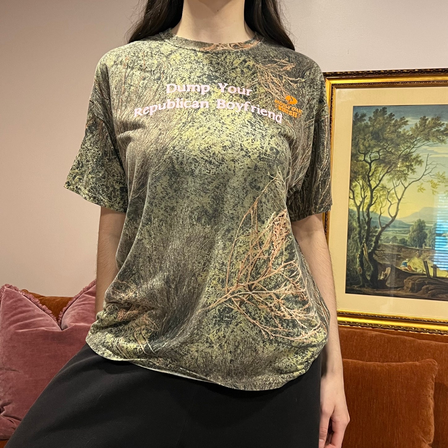 DUMP YOUR REPUBLICAN BOYFRIEND camo t-shirt with pink text (XL)