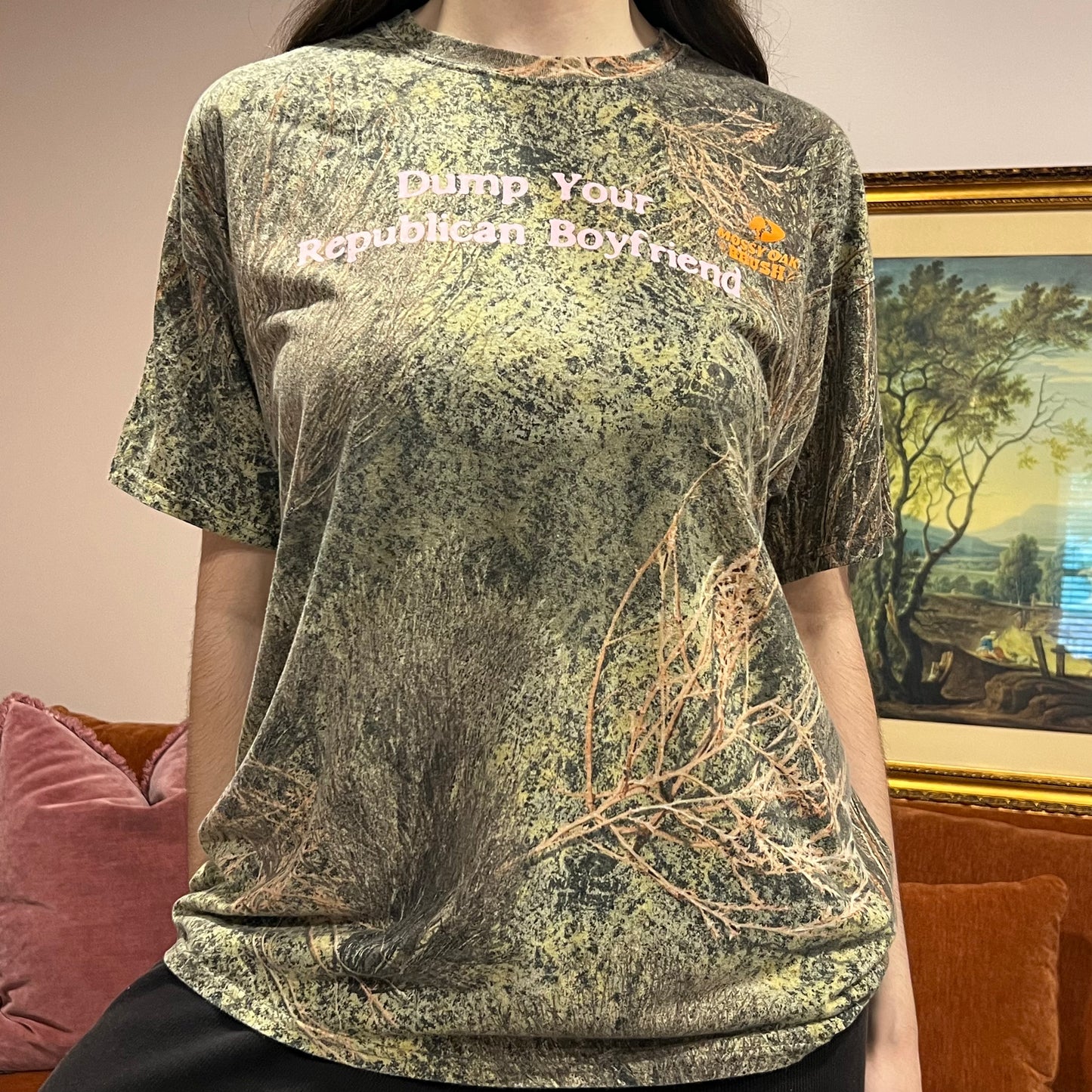DUMP YOUR REPUBLICAN BOYFRIEND camo t-shirt with pink text (XL)
