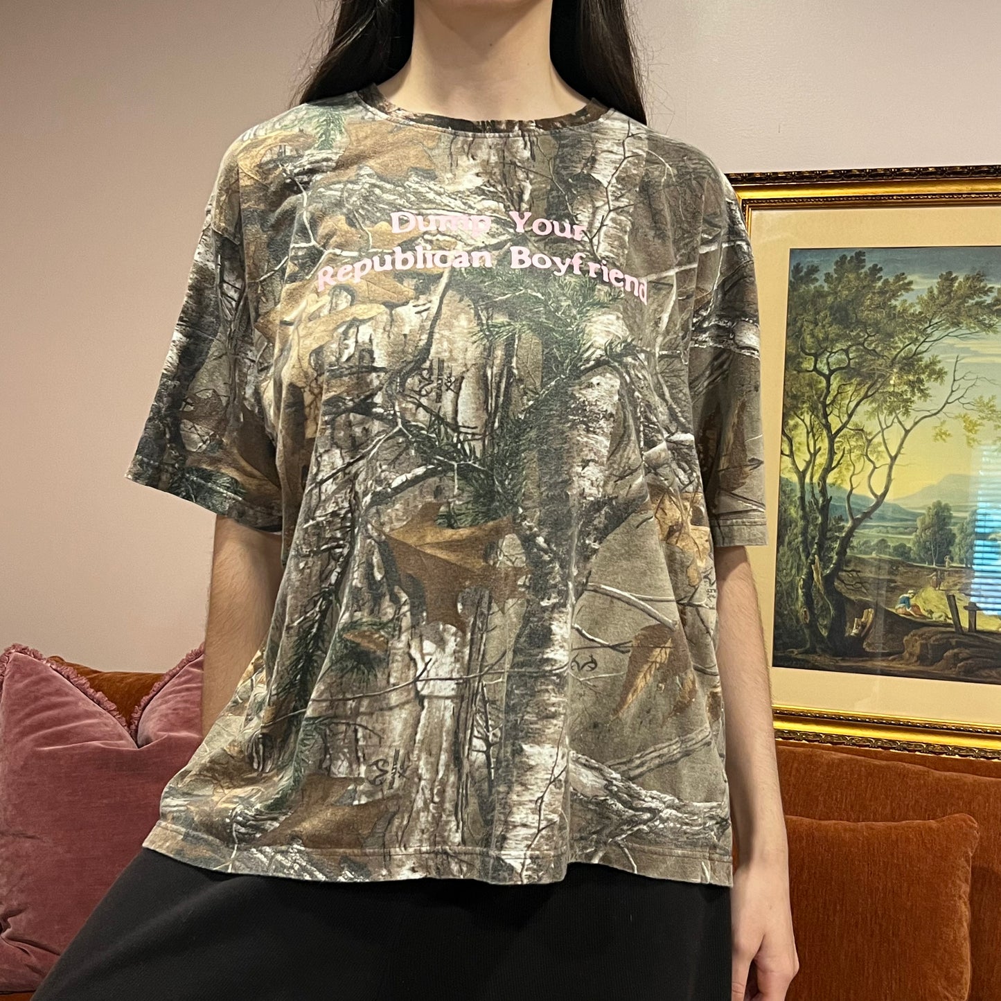 DUMP YOUR REPUBLICAN BOYFRIEND camo t-shirt with pink text (XL)