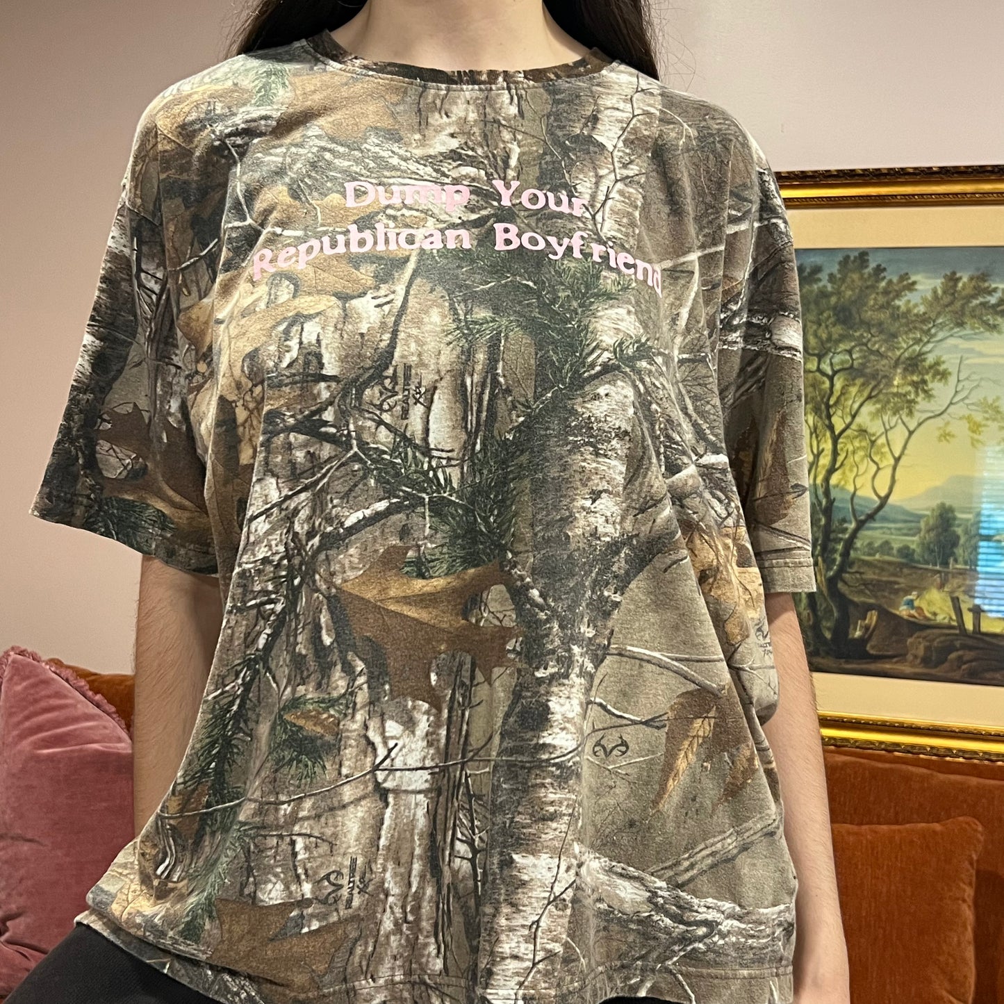 DUMP YOUR REPUBLICAN BOYFRIEND camo t-shirt with pink text (XL)
