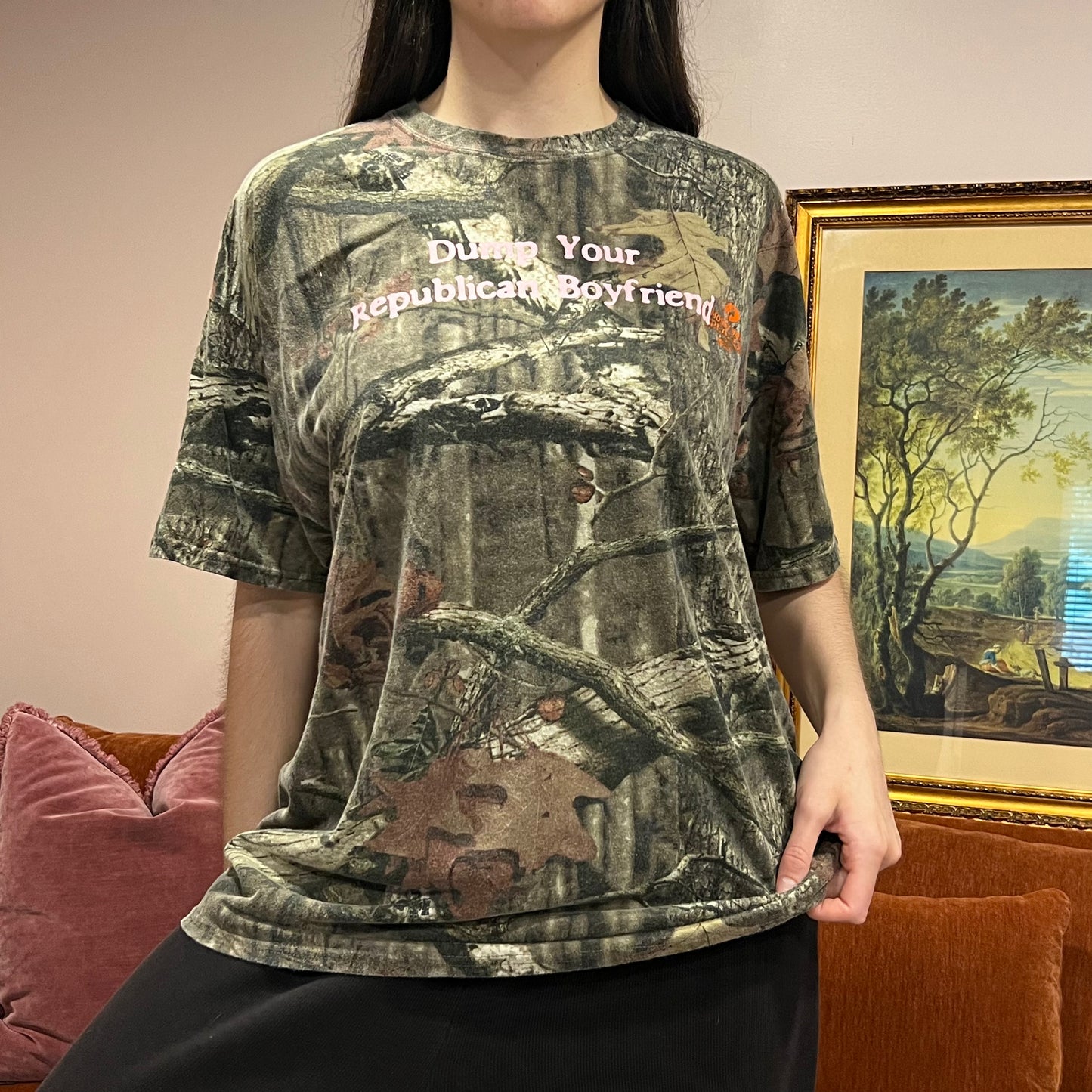 DUMP YOUR REPUBLICAN BOYFRIEND camo t-shirt with pink text (2XL)
