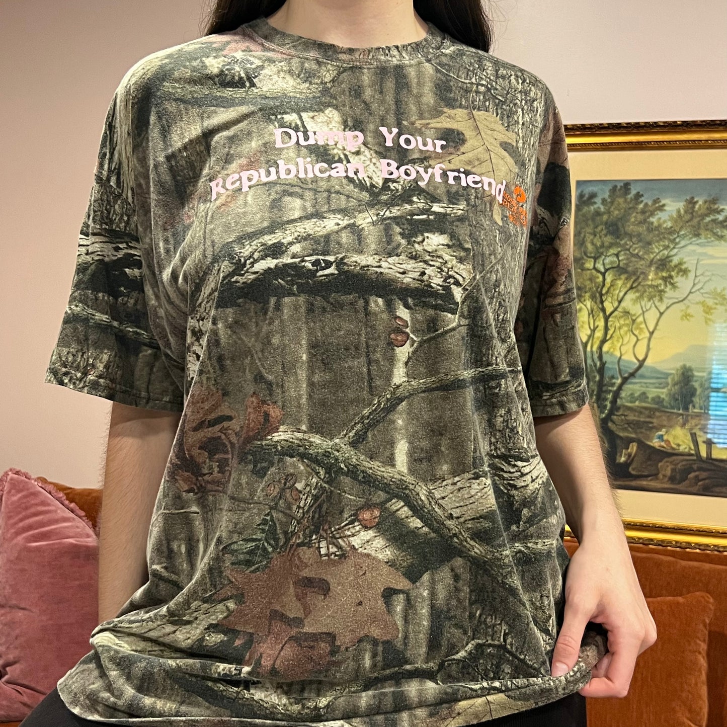 DUMP YOUR REPUBLICAN BOYFRIEND camo t-shirt with pink text (2XL)