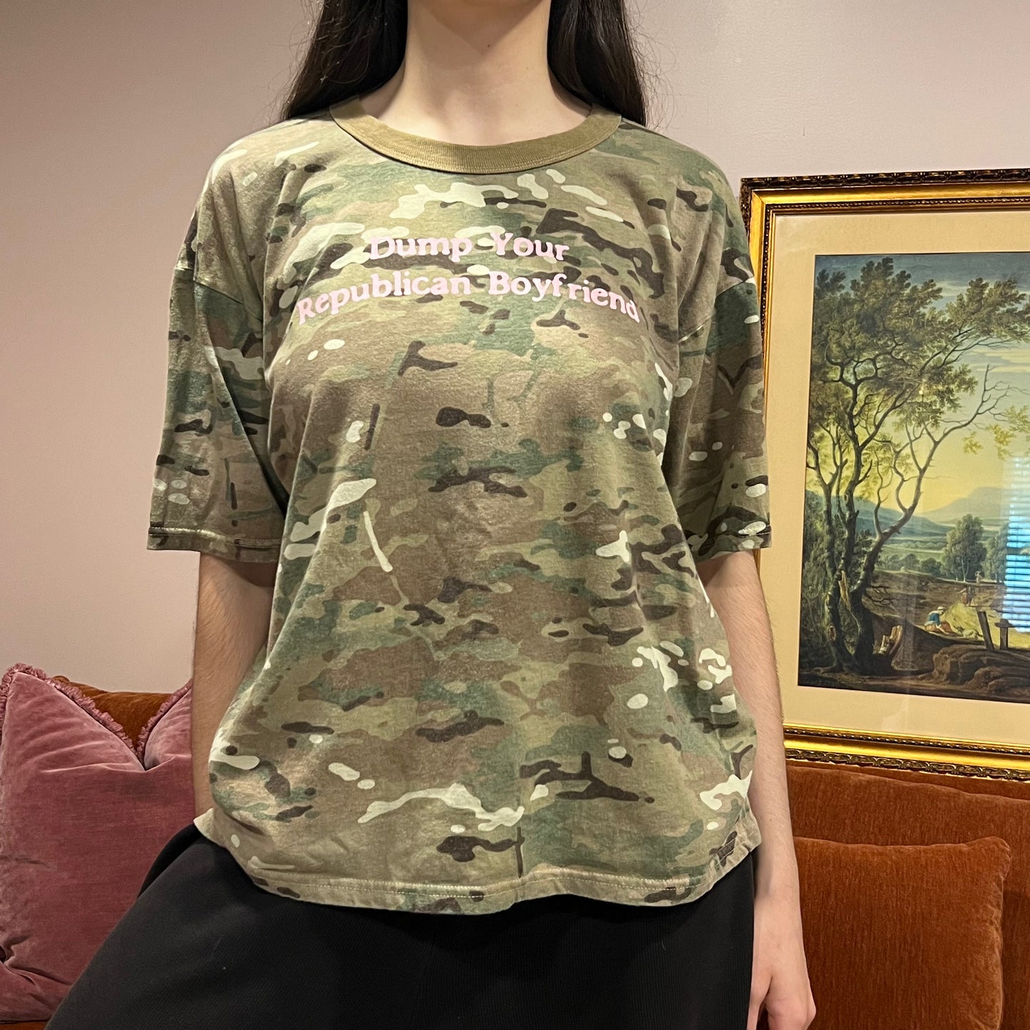 DUMP YOUR REPUBLICAN BOYFRIEND camo t-shirt with pink text (XL)