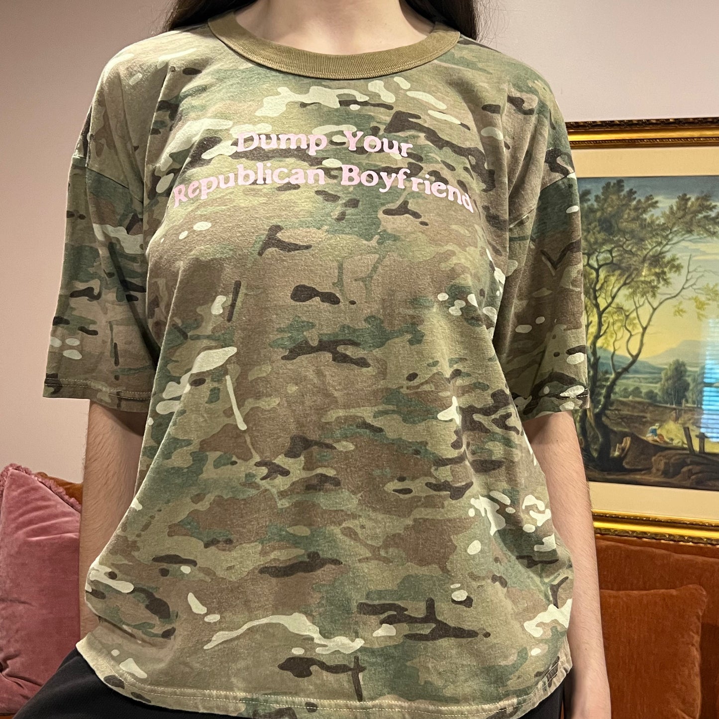 DUMP YOUR REPUBLICAN BOYFRIEND camo t-shirt with pink text (XL)