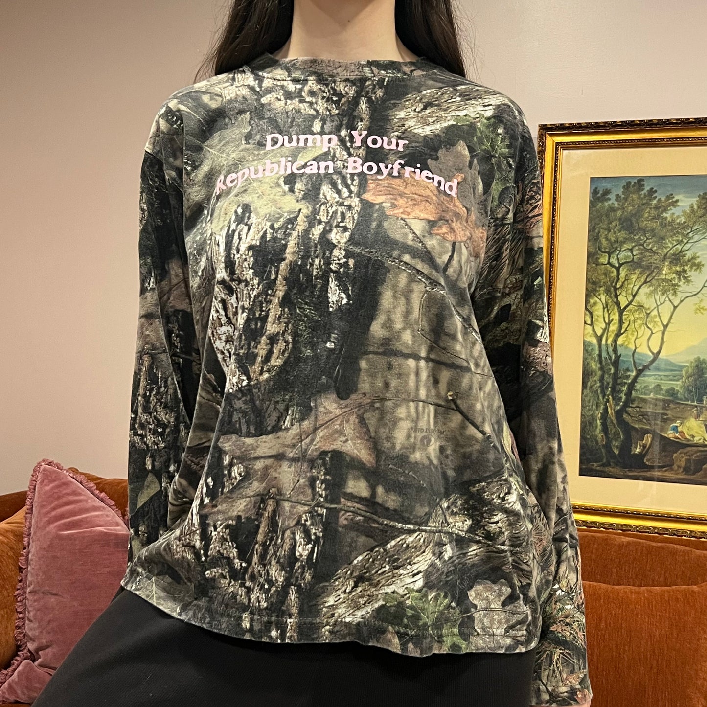DUMP YOUR REPUBLICAN BOYFRIEND camo long sleeve t-shirt with pink text (XL)