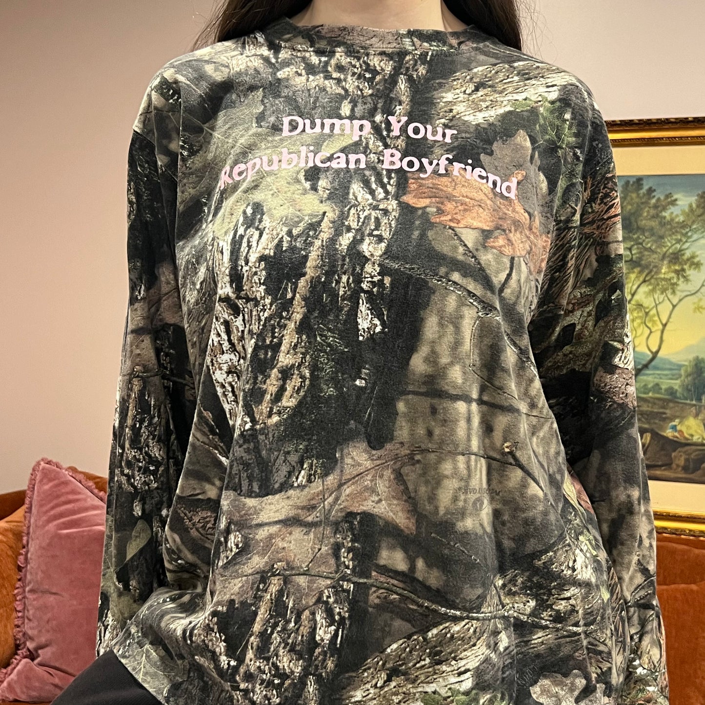 DUMP YOUR REPUBLICAN BOYFRIEND camo long sleeve t-shirt with pink text (XL)