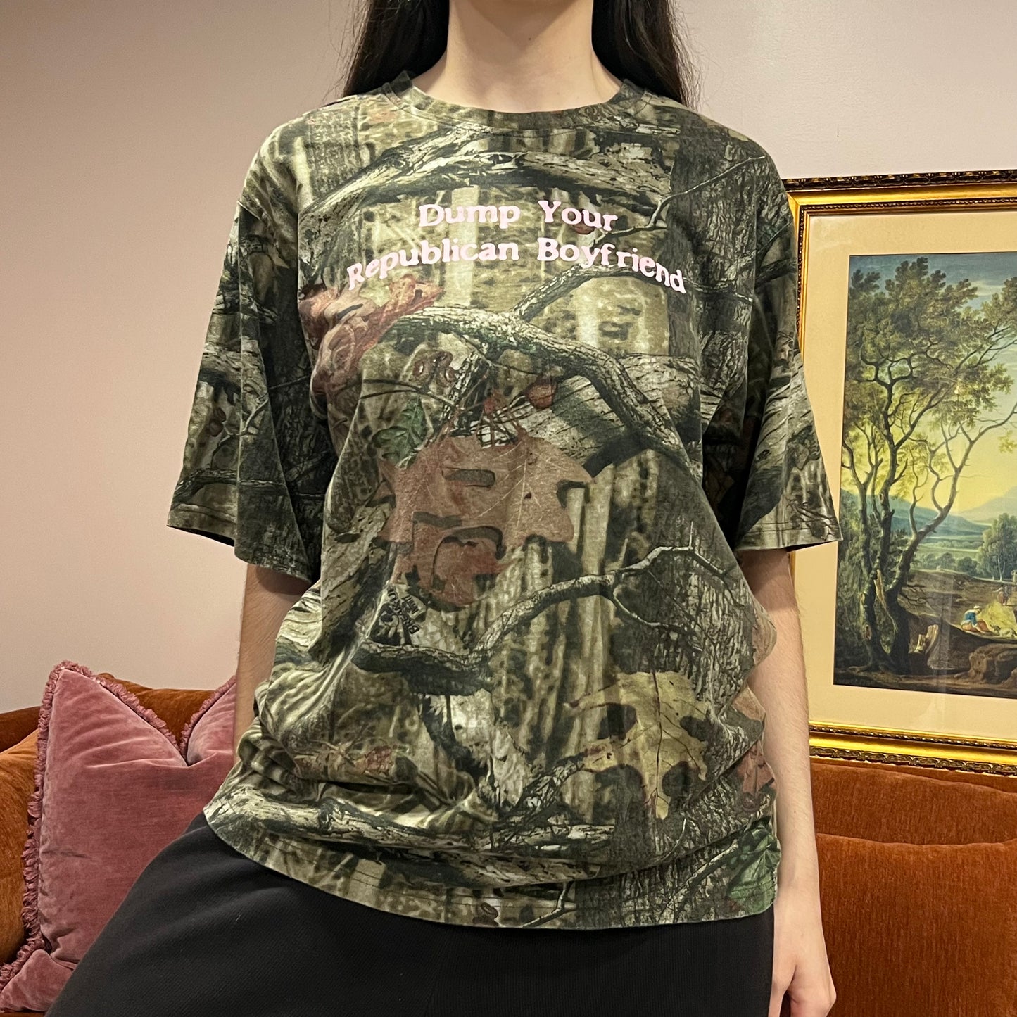 DUMP YOUR REPUBLICAN BOYFRIEND camo t-shirt with pink text (L)