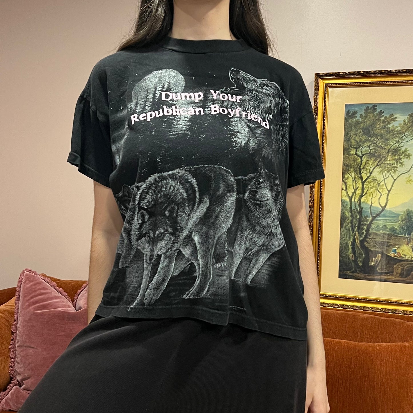 DUMP YOUR REPUBLICAN BOYFRIEND animal t-shirt with pink text (L)