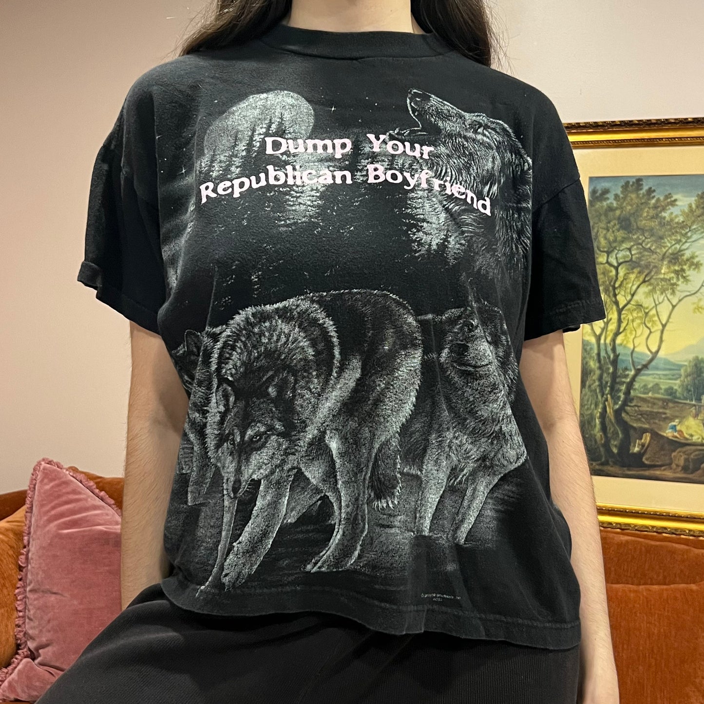DUMP YOUR REPUBLICAN BOYFRIEND animal t-shirt with pink text (L)