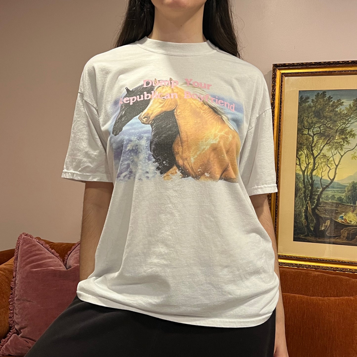 DUMP YOUR REPUBLICAN BOYFRIEND animal t-shirt with pink text (XL)