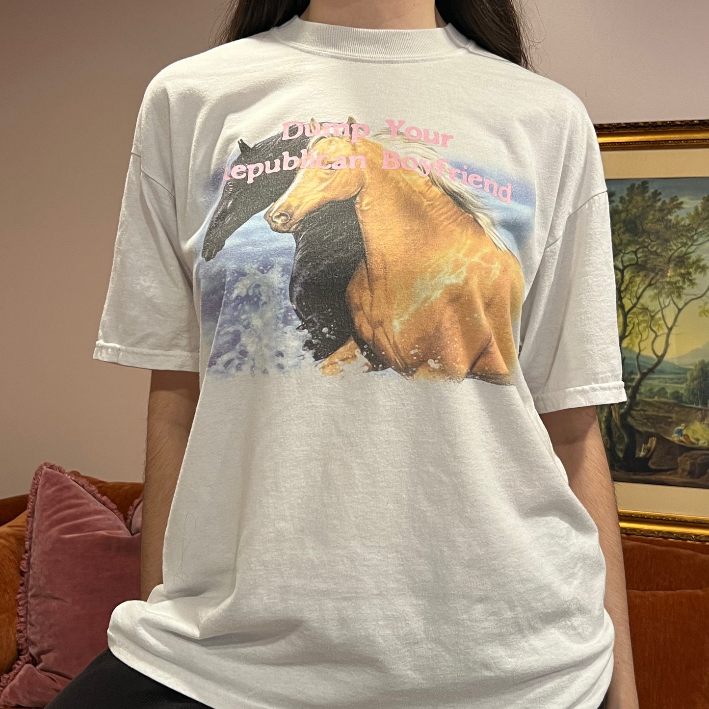DUMP YOUR REPUBLICAN BOYFRIEND animal t-shirt with pink text (XL)