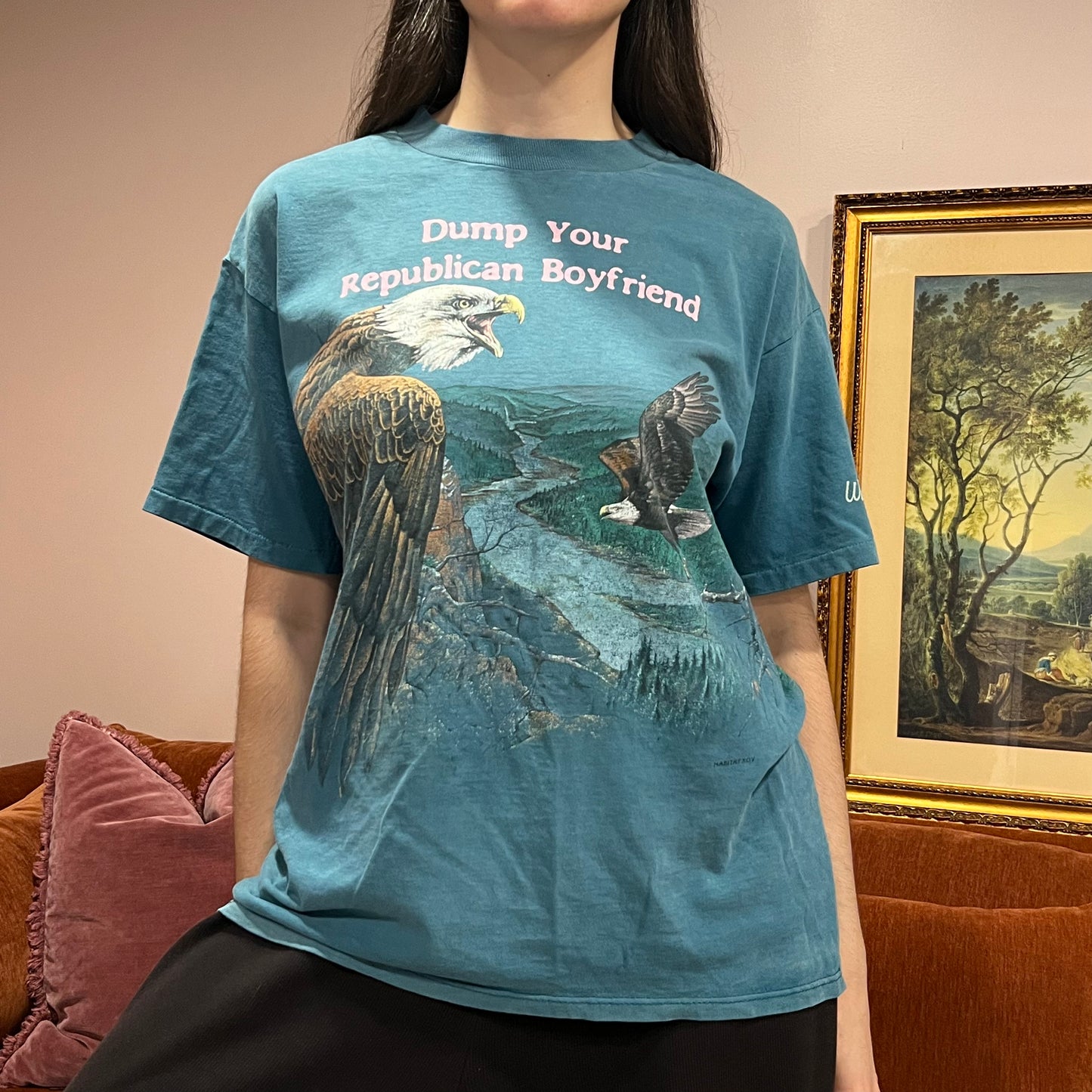 DUMP YOUR REPUBLICAN BOYFRIEND animal t-shirt with pink text (L)
