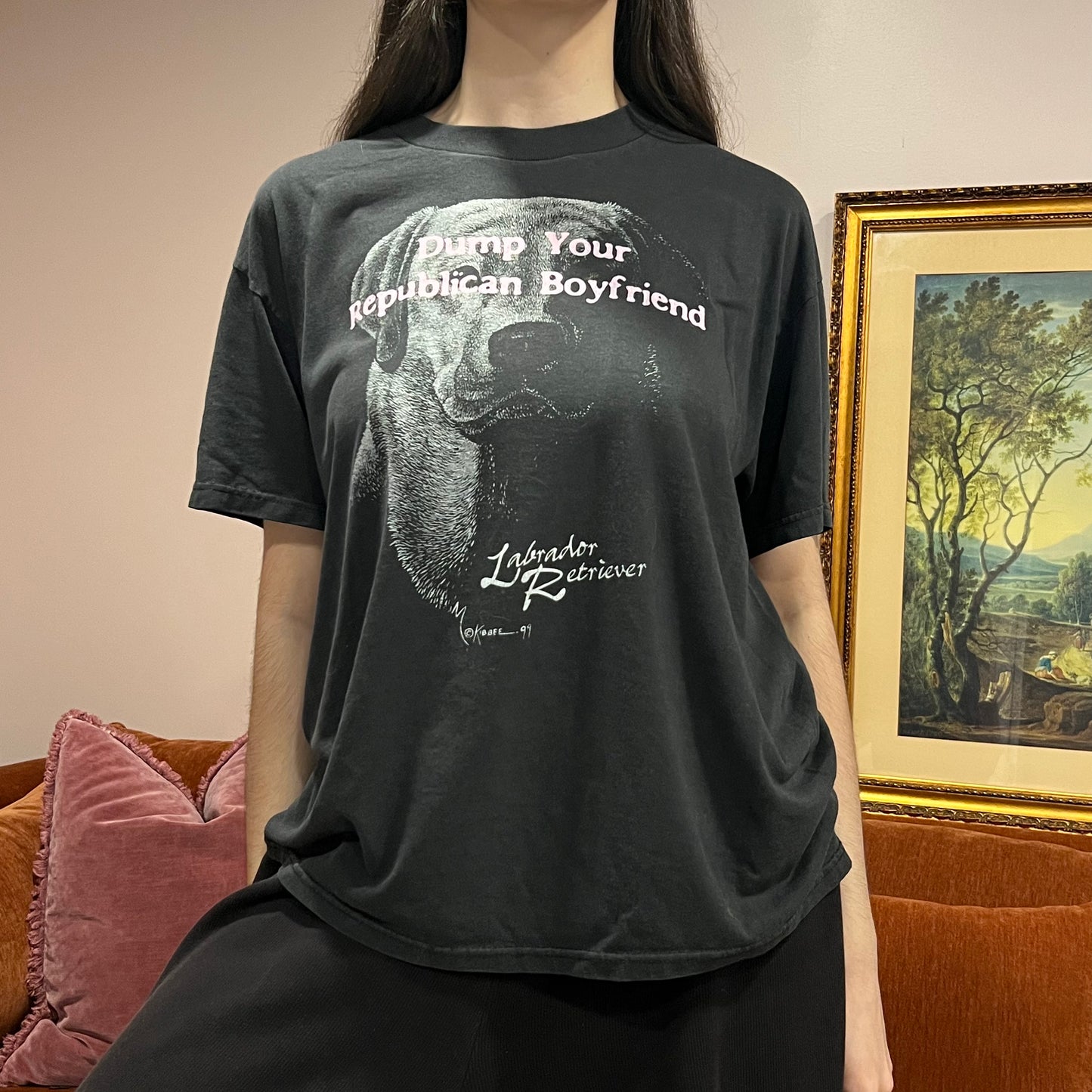 DUMP YOUR REPUBLICAN BOYFRIEND animal t-shirt with pink text (L)