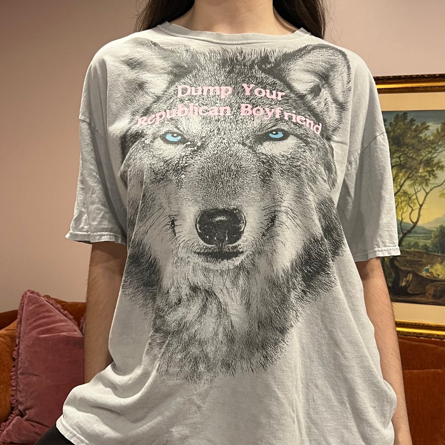 DUMP YOUR REPUBLICAN BOYFRIEND animal t-shirt with pink text (XL)