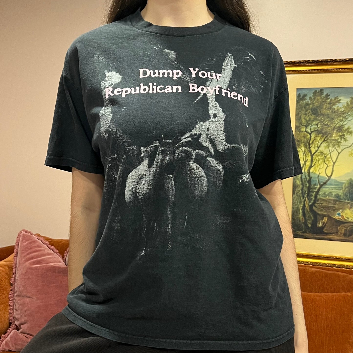 DUMP YOUR REPUBLICAN BOYFRIEND animal t-shirt with pink text (L)