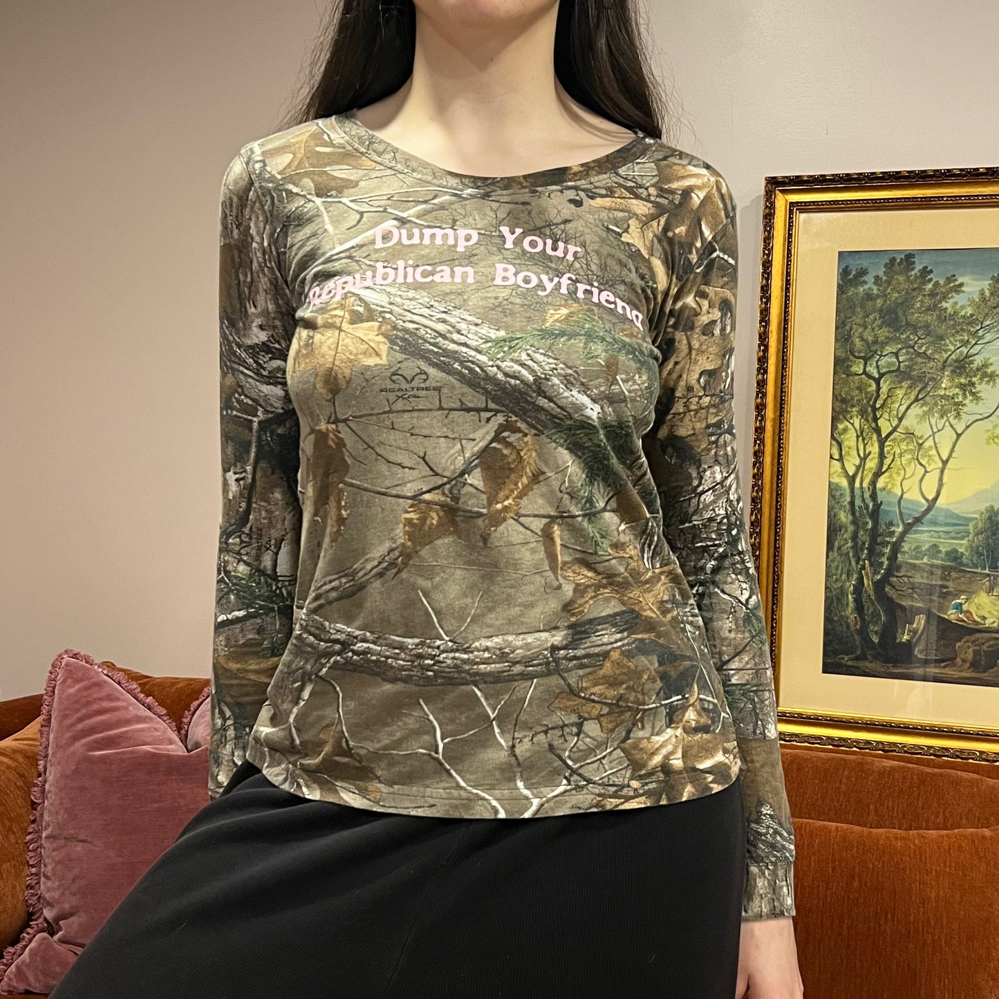 DUMP YOUR REPUBLICAN BOYFRIEND camo long sleeve t-shirt with pink text (M)
