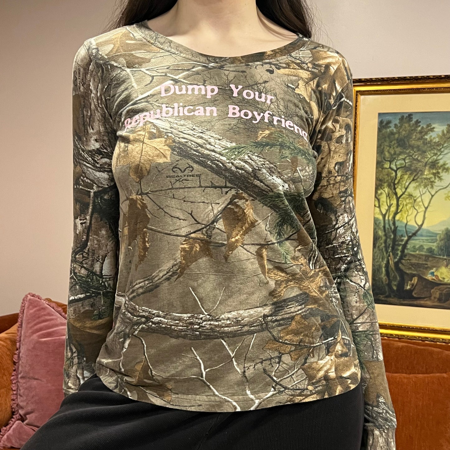 DUMP YOUR REPUBLICAN BOYFRIEND camo long sleeve t-shirt with pink text (M)