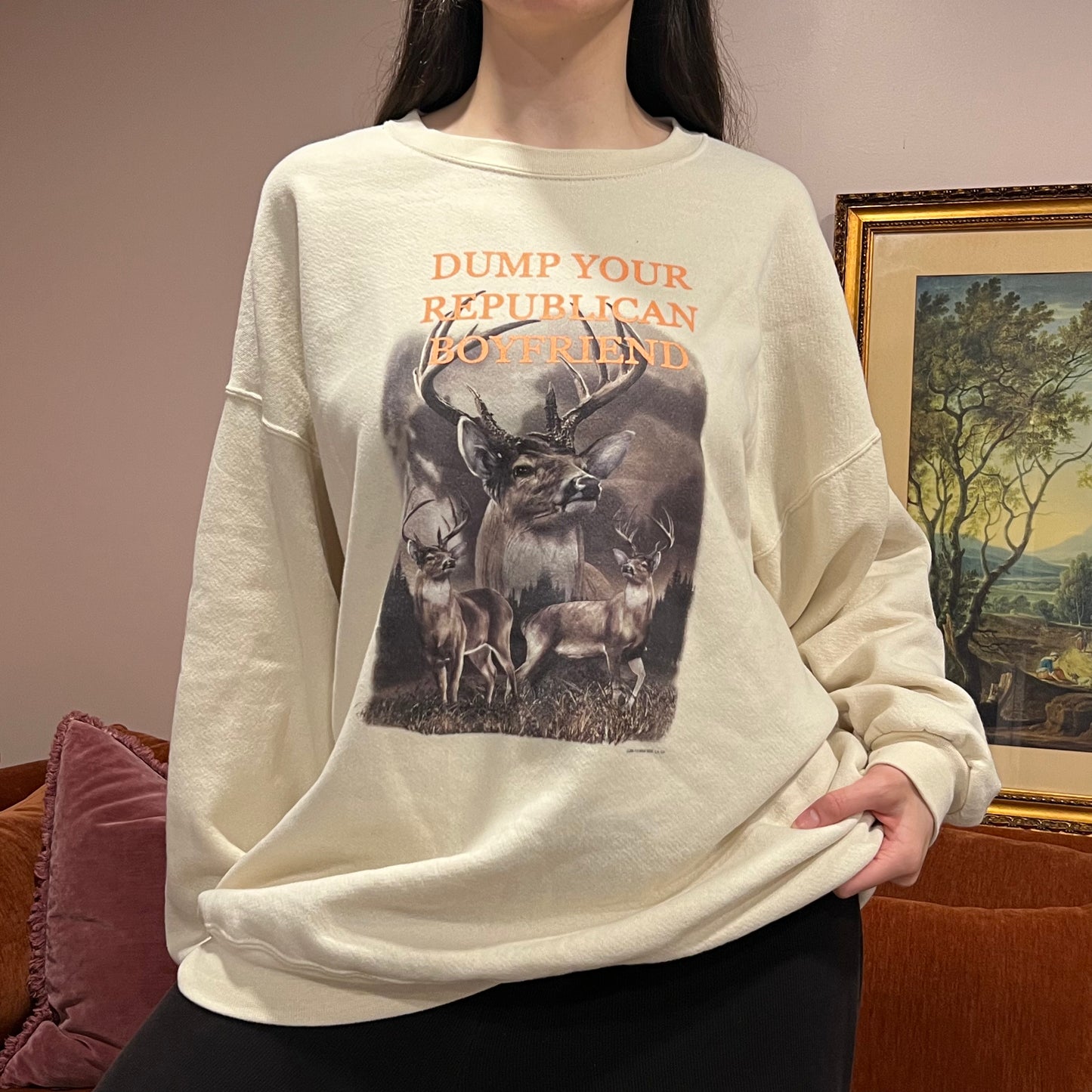 DUMP YOUR REPUBLICAN BOYFRIEND animal crewneck with orange text (XYZ)