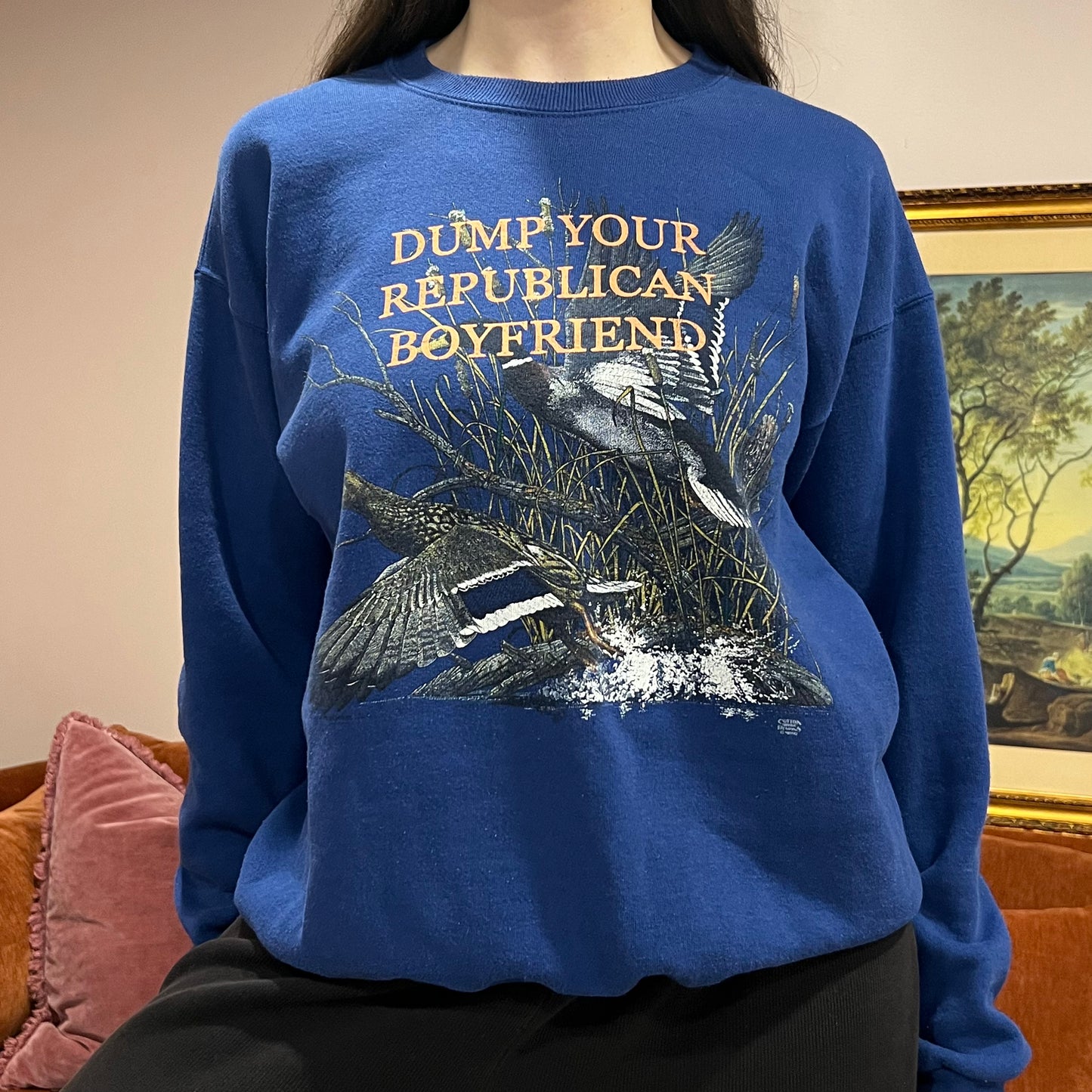 DUMP YOUR REPUBLICAN BOYFRIEND animal crewneck with orange text (L)