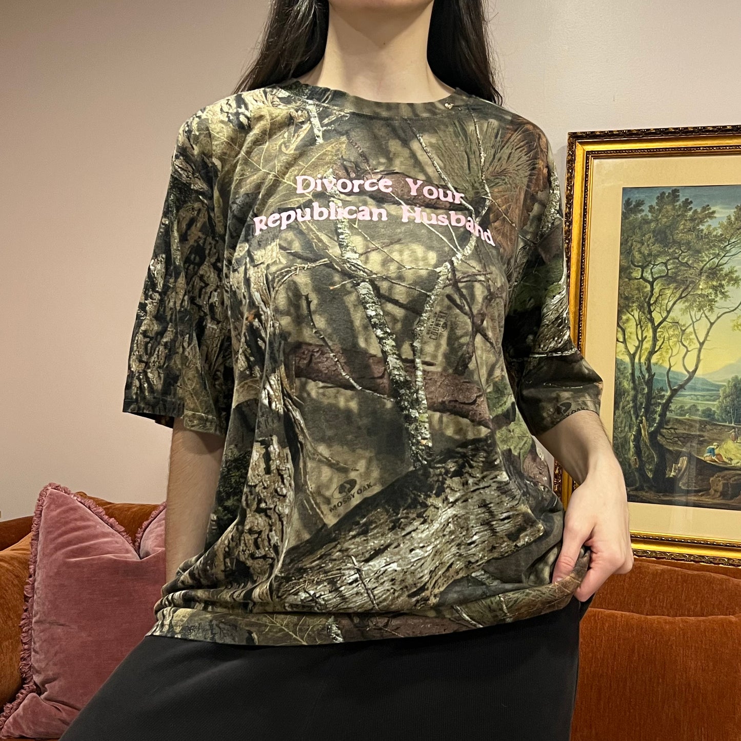 DIVORCE YOUR REPUBLICAN HUSBAND camo t-shirt with pink text (3XL)