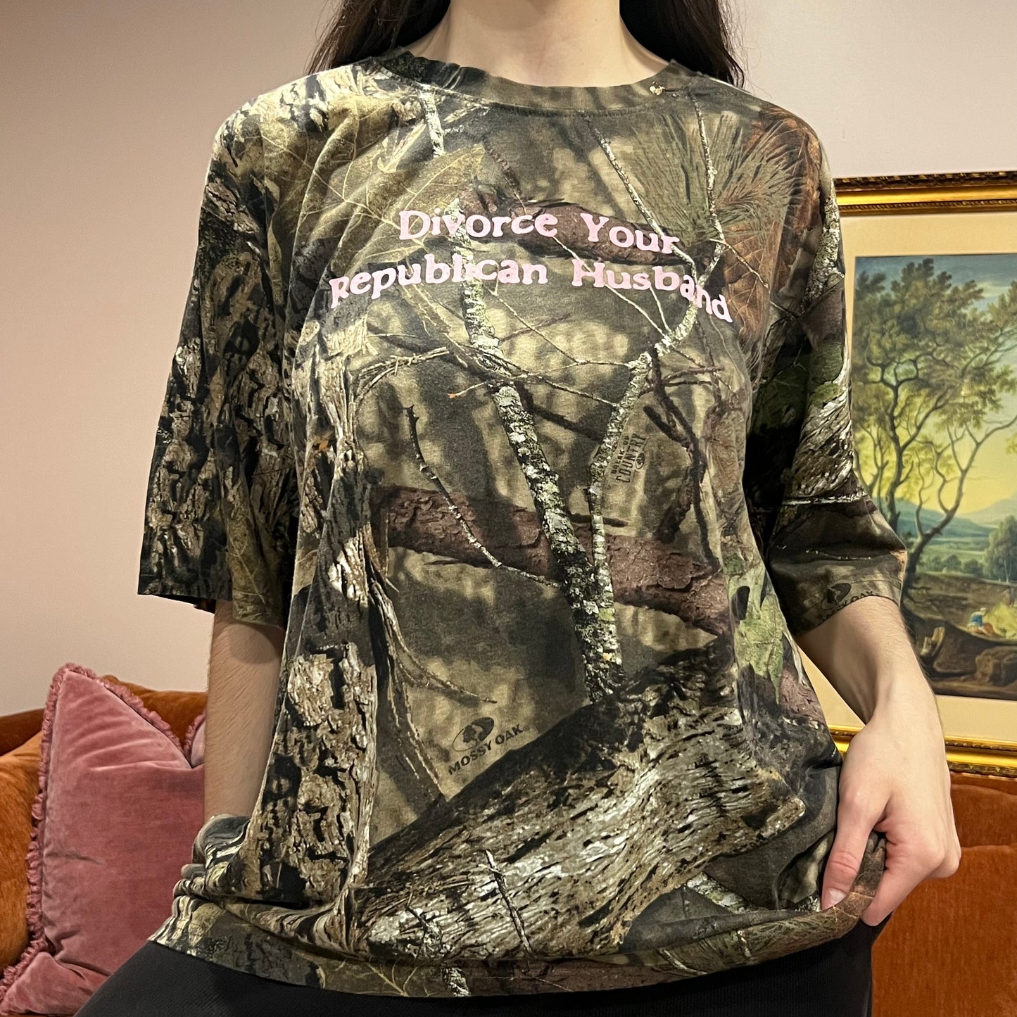 DIVORCE YOUR REPUBLICAN HUSBAND camo t-shirt with pink text (3XL)