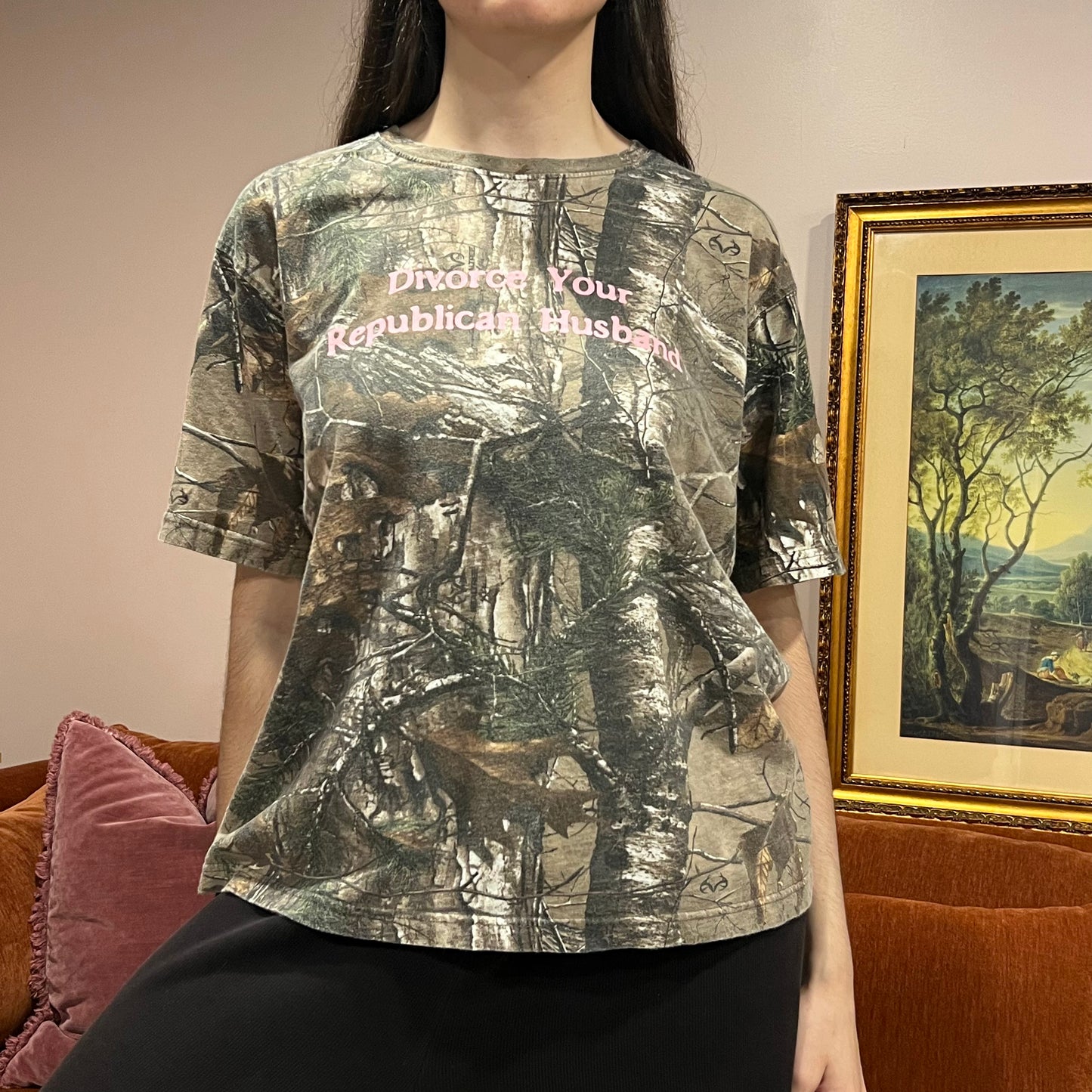 DIVORCE YOUR REPUBLICAN HUSBAND camo t-shirt with pink text (L)