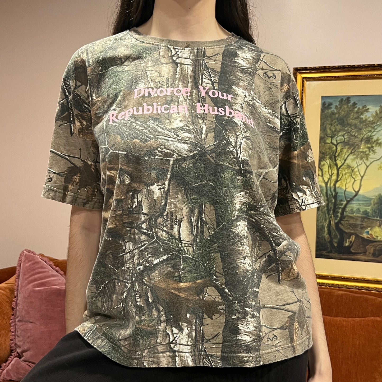 DIVORCE YOUR REPUBLICAN HUSBAND camo t-shirt with pink text (L)