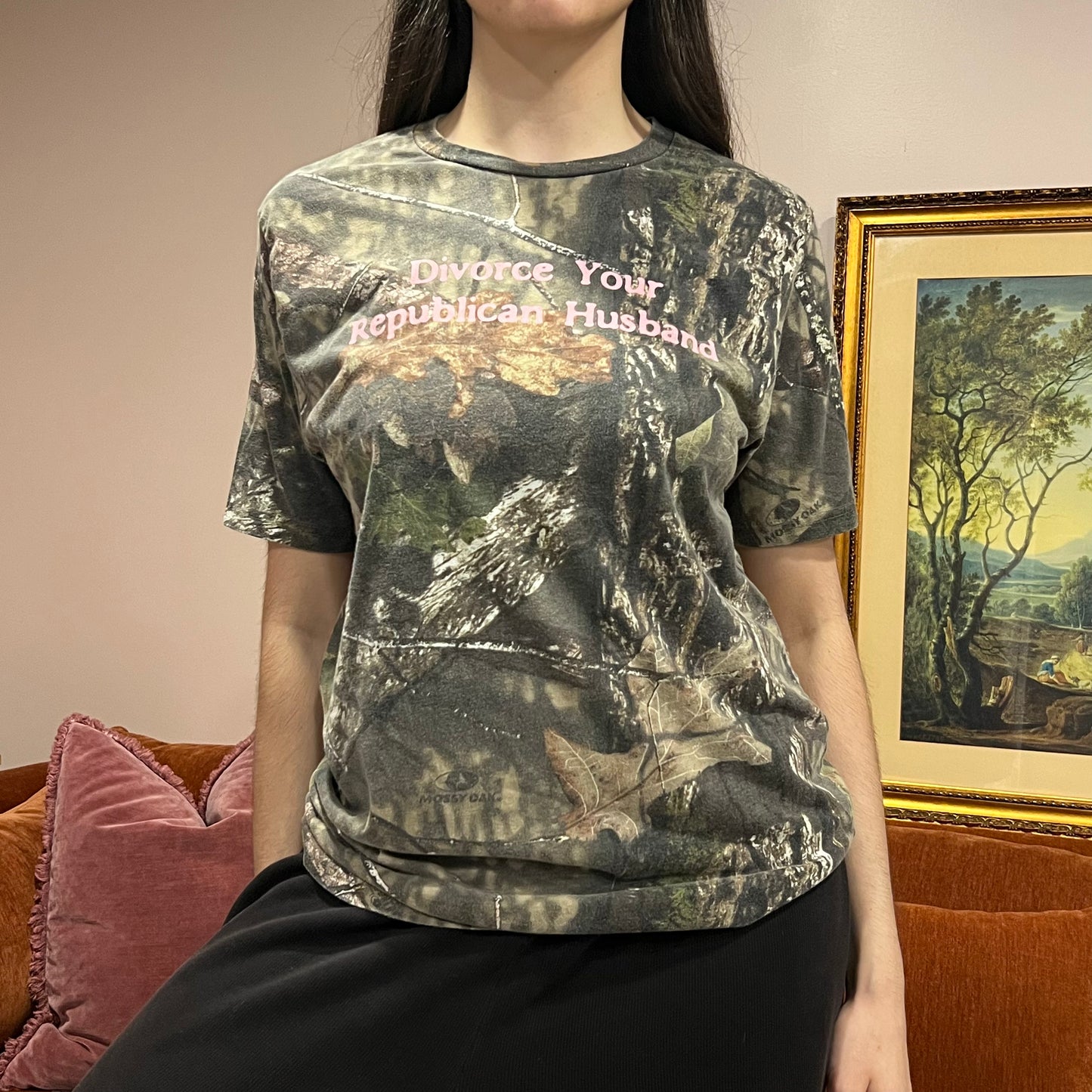 DIVORCE YOUR REPUBLICAN HUSBAND camo t-shirt with pink text (M)