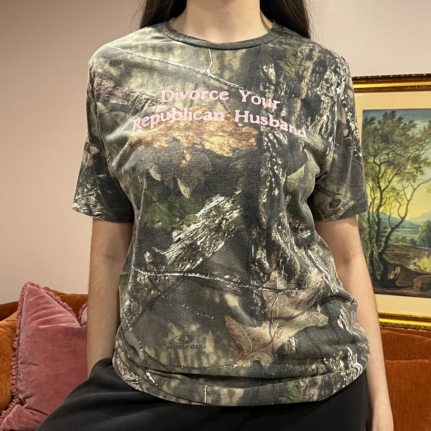 DIVORCE YOUR REPUBLICAN HUSBAND camo t-shirt with pink text (M)