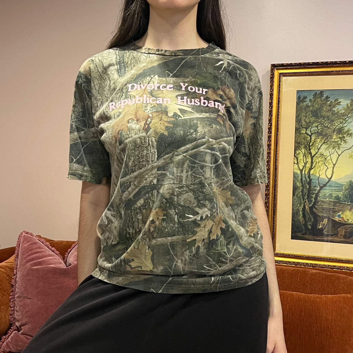 DIVORCE YOUR REPUBLICAN HUSBAND camo t-shirt with pink text (M)