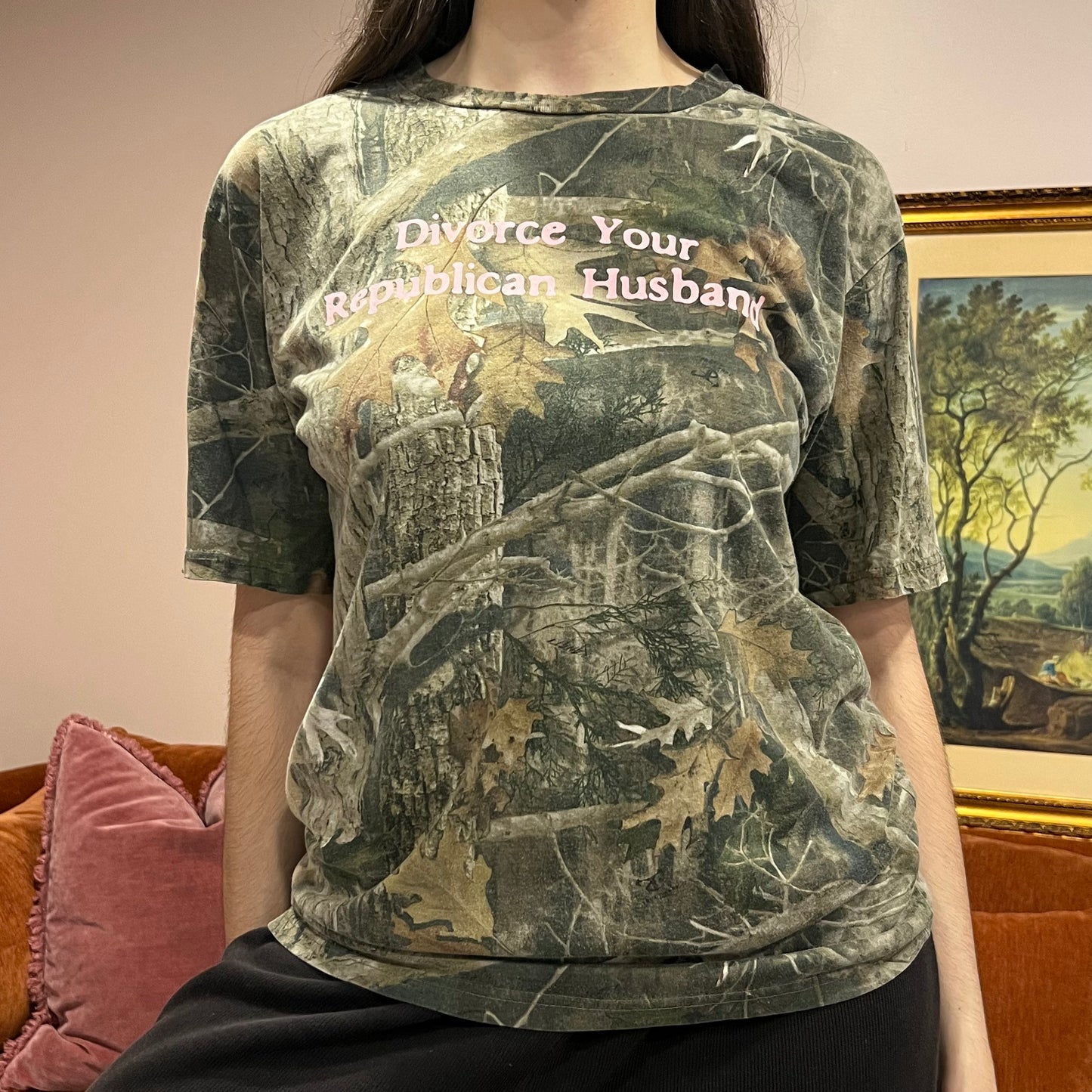 DIVORCE YOUR REPUBLICAN HUSBAND camo t-shirt with pink text (M)
