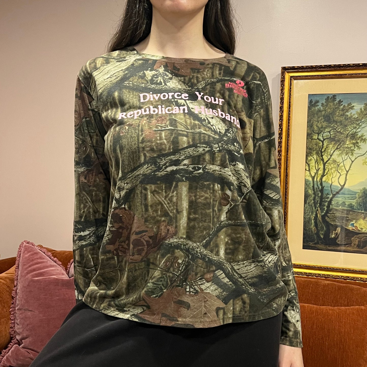DIVORCE YOUR REPUBLICAN HUSBAND camo long sleeve t-shirt with pink text (XL)