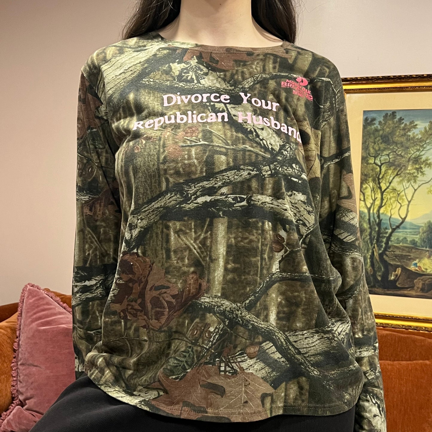 DIVORCE YOUR REPUBLICAN HUSBAND camo long sleeve t-shirt with pink text (XL)