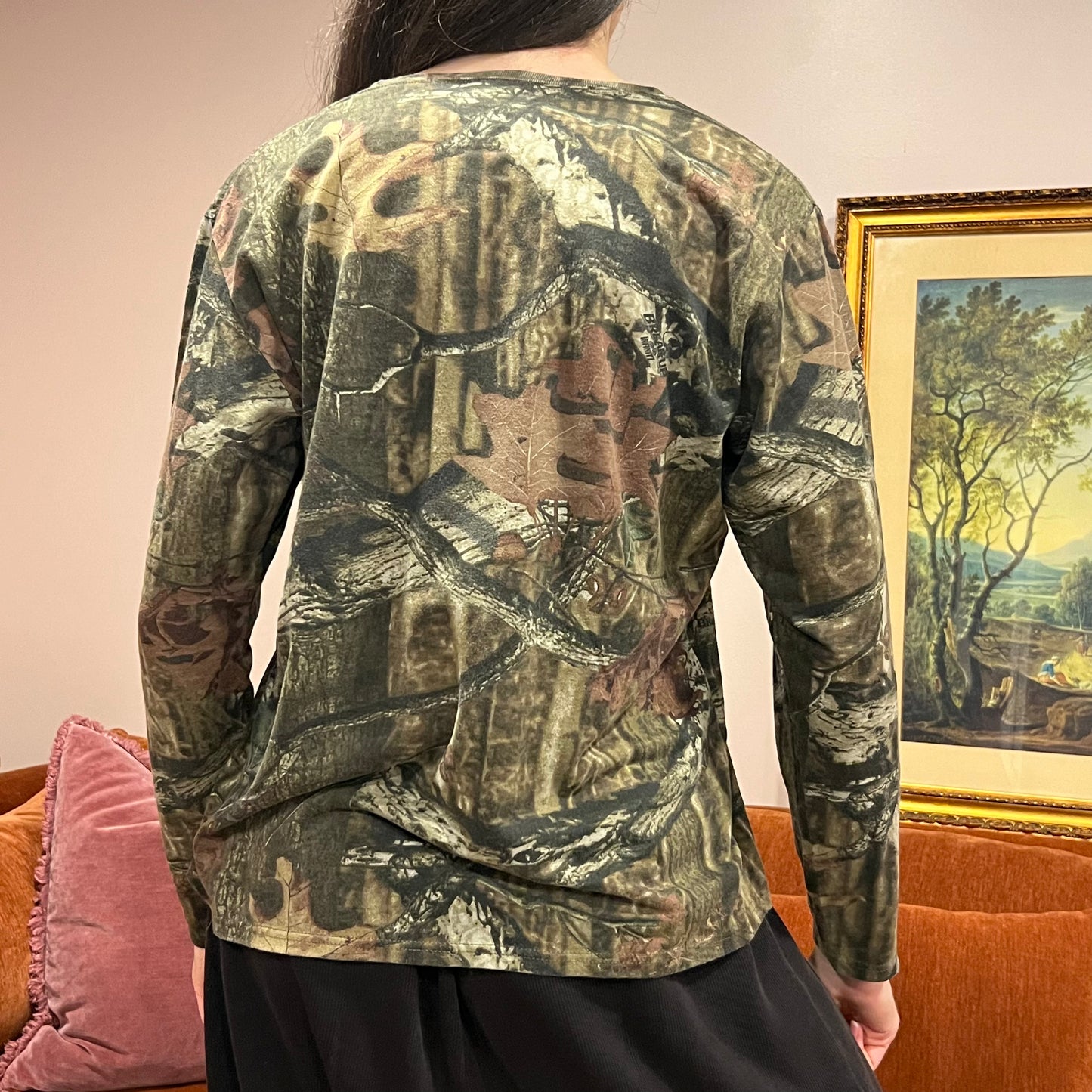 DIVORCE YOUR REPUBLICAN HUSBAND camo long sleeve t-shirt with pink text (XL)